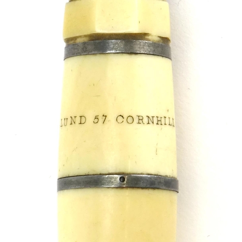89 - 19th Century T Lund turned ivory calculator with pencil, T Lund 57 Cornhill stamped to the side, 11.... 