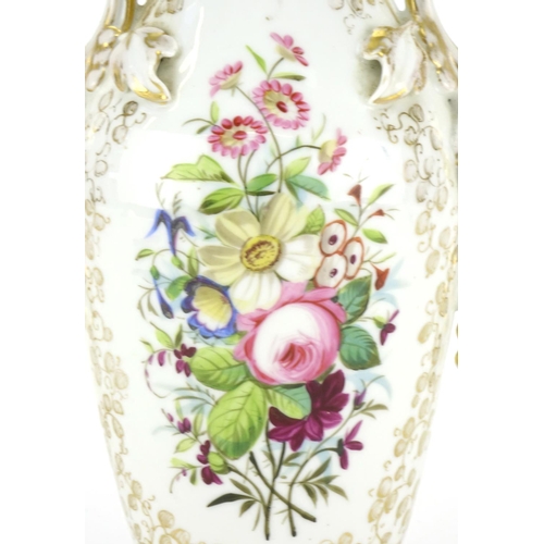 432 - 19th century continental porcelain vase with twin handles hand painted with flowers, possibly French... 