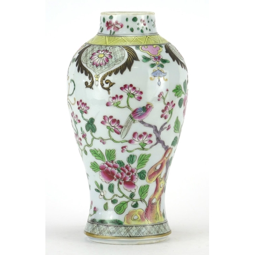 289 - Chinese porcelain baluster vase, hand painted in the famille rose palette with birds of paradise amo... 