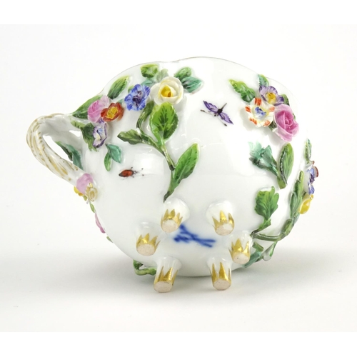 431 - Meissen floral encrusted porcelain cup and saucer, hand painted with insects and flowers, cross swor... 
