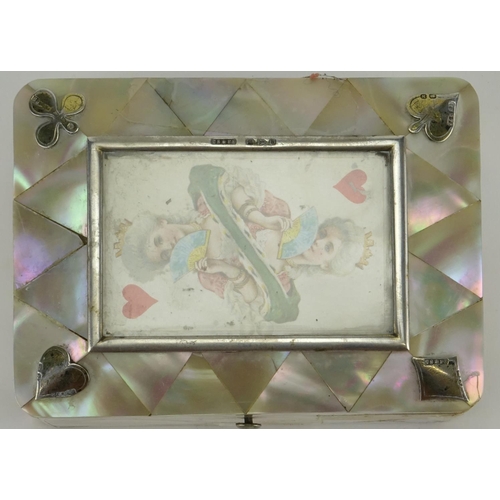 38 - Victorian mother of pearl rectangular card box with silver mounts, the hinged lid opening to reveal ... 
