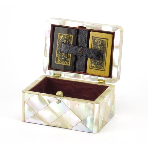 38 - Victorian mother of pearl rectangular card box with silver mounts, the hinged lid opening to reveal ... 