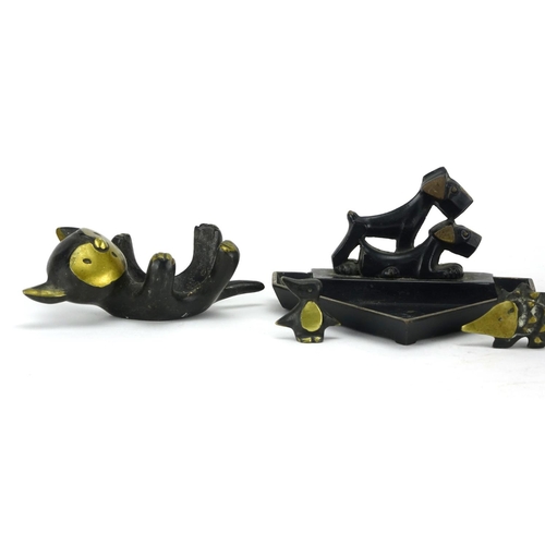 568 - Modernist patinated bronze animals including a cat design dish by Baller, the largest 9.5cm wide