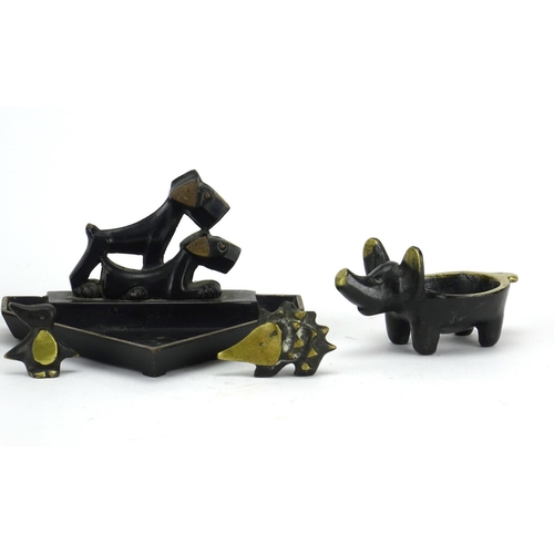 568 - Modernist patinated bronze animals including a cat design dish by Baller, the largest 9.5cm wide