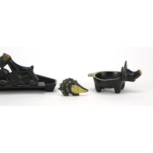 568 - Modernist patinated bronze animals including a cat design dish by Baller, the largest 9.5cm wide