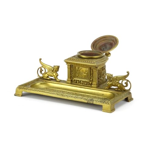 22 - 19th century gilt brass desk inkwell mounted with griffinns, cast with stylised foliate motifs, 22cm... 
