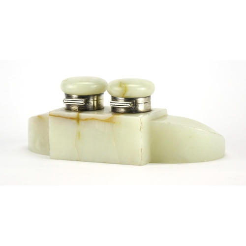 23 - Art Deco onyx twin desk inkwell with silver mounts, the silver mounts London 1919, 23cm wide