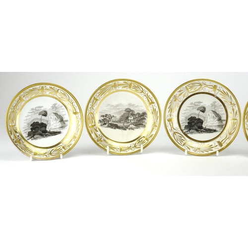 443 - Six 19th century porcelain saucers each transfer printed with a pastoral scene, each 14cm in diamete... 