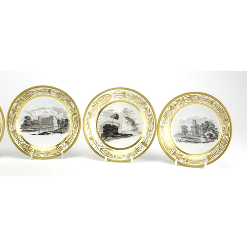443 - Six 19th century porcelain saucers each transfer printed with a pastoral scene, each 14cm in diamete... 