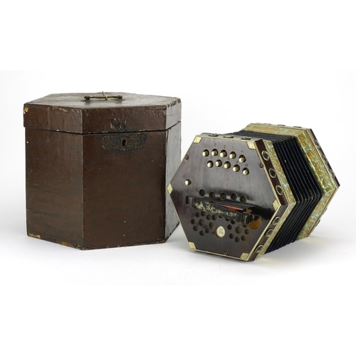 86 - 19th century German rosewood concertina by CGH, with  twenty one buttons and wooden travelling case,... 