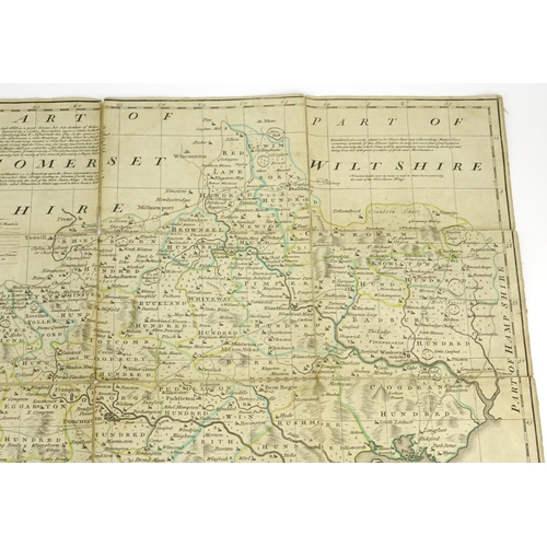 128 - Antique hand coloured canvas backed map of Dorsetshire by Emmanuel Bowen, with slip case, 70.5cm x 5... 