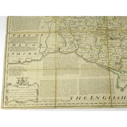 128 - Antique hand coloured canvas backed map of Dorsetshire by Emmanuel Bowen, with slip case, 70.5cm x 5... 