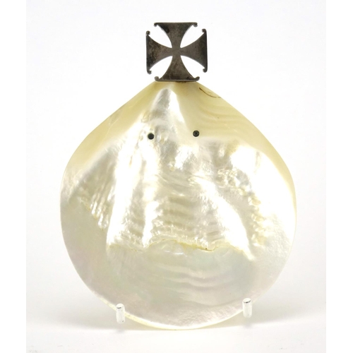 603 - Religious interest silver mounted Mother of Pearl Baptism shell, by B & W Ltd London 1921, housed in... 