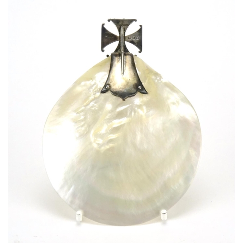 603 - Religious interest silver mounted Mother of Pearl Baptism shell, by B & W Ltd London 1921, housed in... 