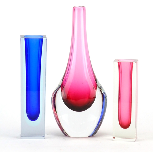 2120 - Three Murano Sommerso glass vases including two square examples, the largest 26cm high