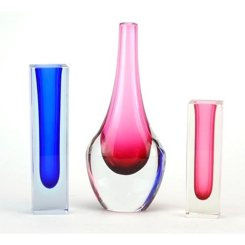 2120 - Three Murano Sommerso glass vases including two square examples, the largest 26cm high
