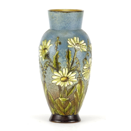 495 - Christopher Dresser design Linthorpe pottery vase hand painted and decorated in low relief with dais... 