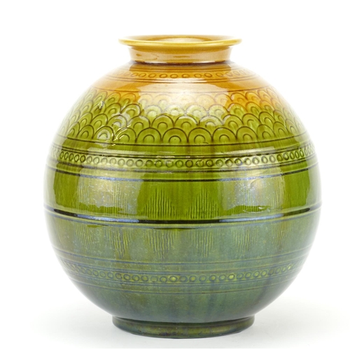 496 - Christopher Dresser Linthorpe globular pottery vase with incised geometric design, impressed C H Dre... 