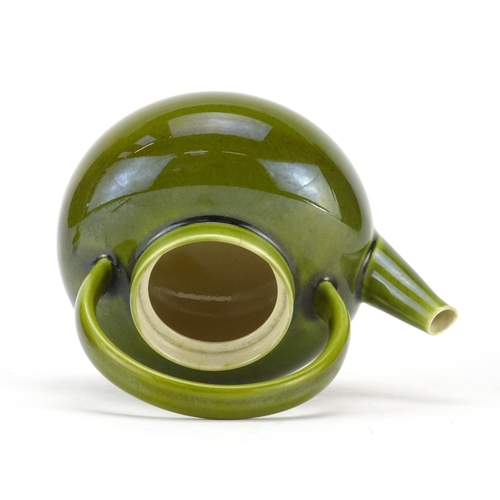 500 - Christopher Dresser design Linthorpe pottery green glazed teapot, impressed marks and numbered 628 t... 