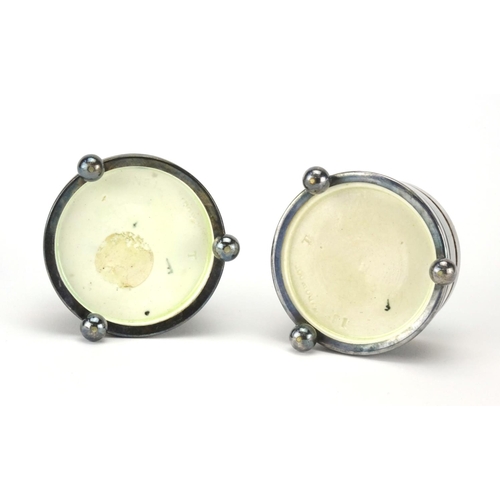 507 - Christopher Dresser design pair of Wedgwood Majolica salts with Hukin & Heath silver plated mounts, ... 