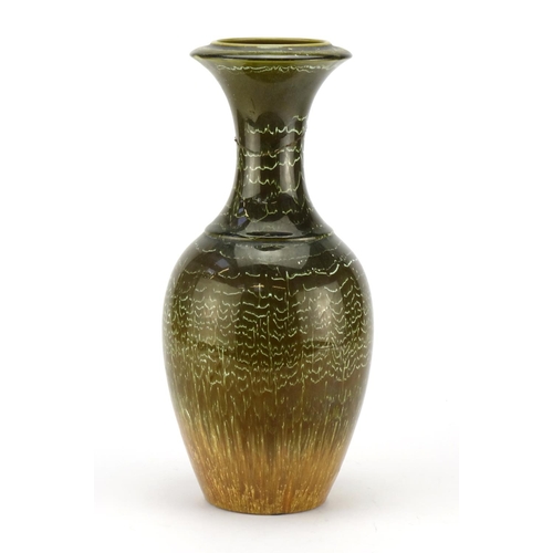504 - Christopher Dresser design Linthorpe pottery vase having a combed green and brown glaze, impressed m... 
