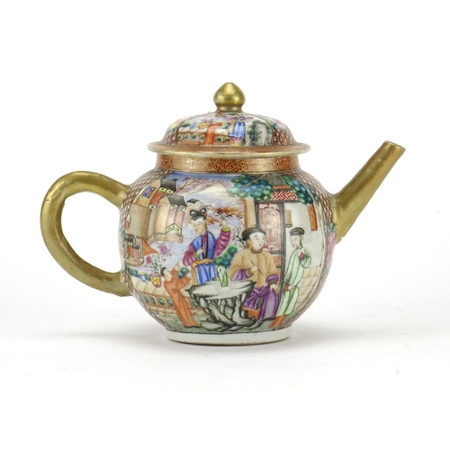 281 - 18th Century Chinese porcelain teapot, finely hand painted in the Mandarin palette with figures in a... 