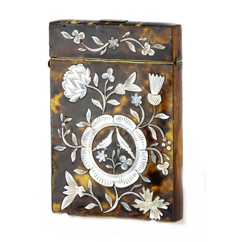 41 - Victorian tortoiseshell and mother of pearl calling card case, decorated with birds and flowers amon... 