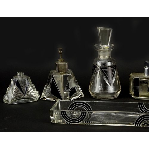 484 - Art Deco glass dressing table items including silver mounted atomiser and tray, each decorated with ... 