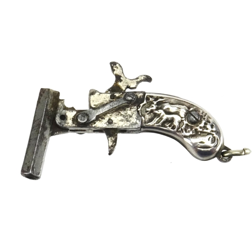 54 - 19th century miniature percussion pistol having a silver grip embossed with hogs and boars, possibly... 