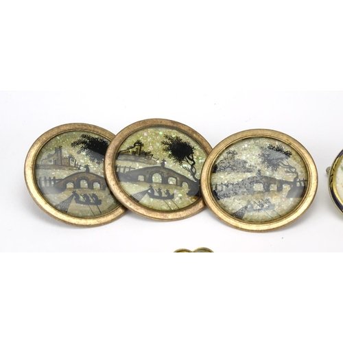 336 - Nine Japanese buttons including three Japanese Satsuma pottery examples, hand painted with flowers, ... 