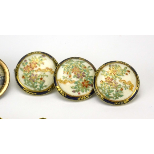 336 - Nine Japanese buttons including three Japanese Satsuma pottery examples, hand painted with flowers, ... 