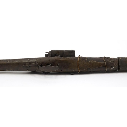 242 - Antique camel hunting flintlock musket with bone inlay, 120cm in length