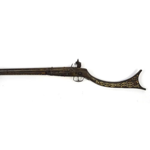 242 - Antique camel hunting flintlock musket with bone inlay, 120cm in length