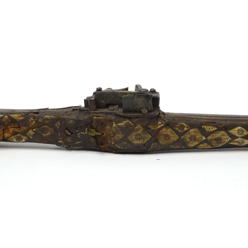 240 - Antique camel hunting flintlock musket with bone inlay, 104cm in length