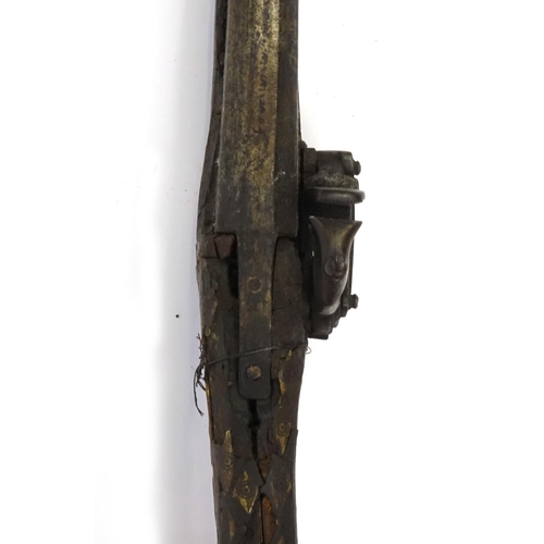 240 - Antique camel hunting flintlock musket with bone inlay, 104cm in length