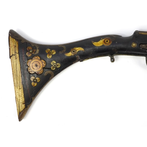 241 - Antique camel hunting flintlock musket with bone inlay, 159cm in length