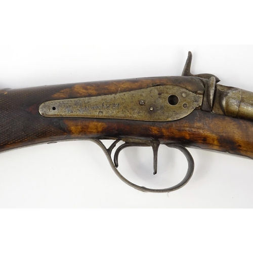 237 - Percussion cap double barrel shot gun, impressed by J E Ryman, 116cm in length