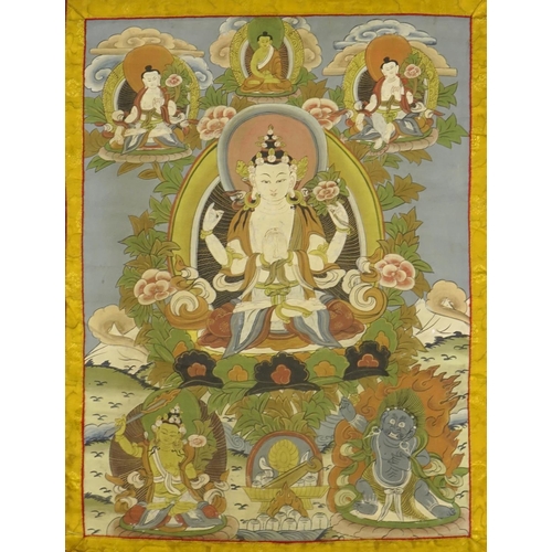 368 - 19th century Tibetan silk wall hanging Thangka, hand painted with deities, 54cm x 41cm