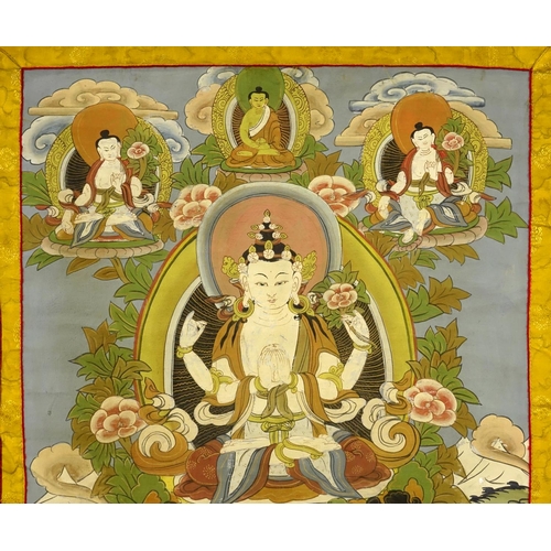 368 - 19th century Tibetan silk wall hanging Thangka, hand painted with deities, 54cm x 41cm