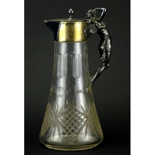 467 - Victorian cut glass claret jug with silver plated hinged  lid and fairy handle, 27cm high