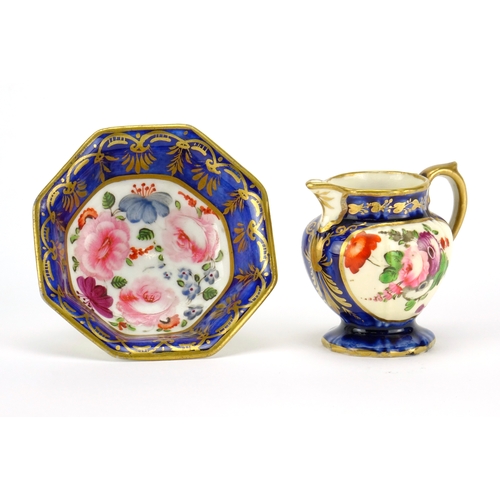 446 - 19th century miniature sample jug and basin, hand painted with flowers onto a cobalt blue ground, po... 