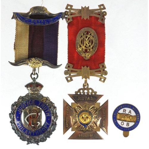 160 - Two Royal Order of Buffaloes jewels and a pip relating to A J Radford, including a 9ct gold and enam... 