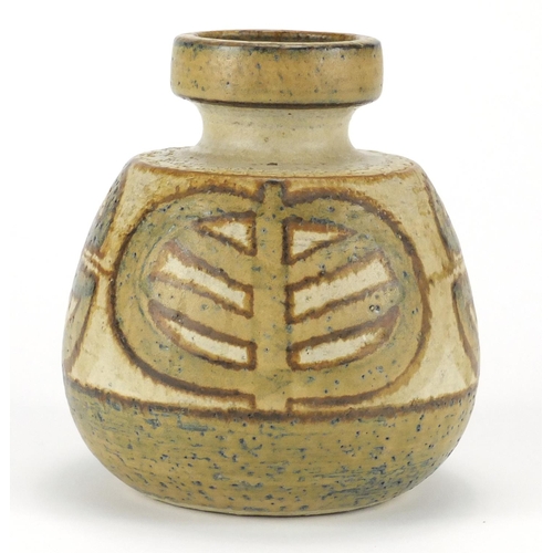 2377 - Danish art pottery vase by Soholm, hand painted with an abstract design, impressed marks and incised... 