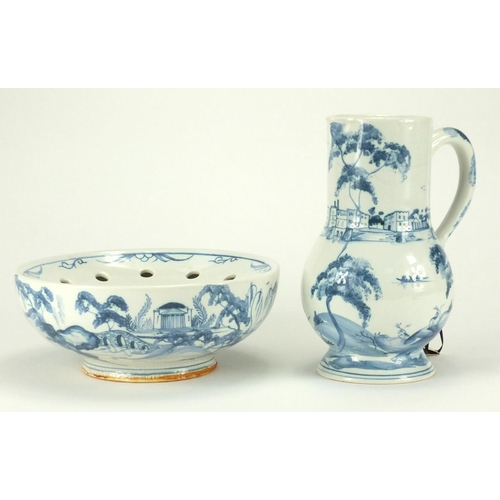 2184 - Deborah Serrs Delftware jug and soap bowl, the jug hand painted with Leeds Castle, the largest 22cm ... 