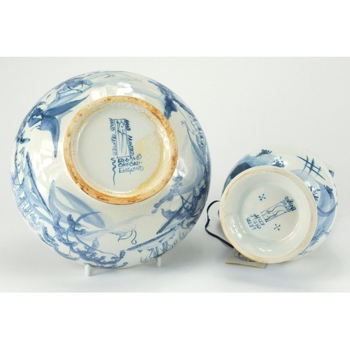 2184 - Deborah Serrs Delftware jug and soap bowl, the jug hand painted with Leeds Castle, the largest 22cm ... 