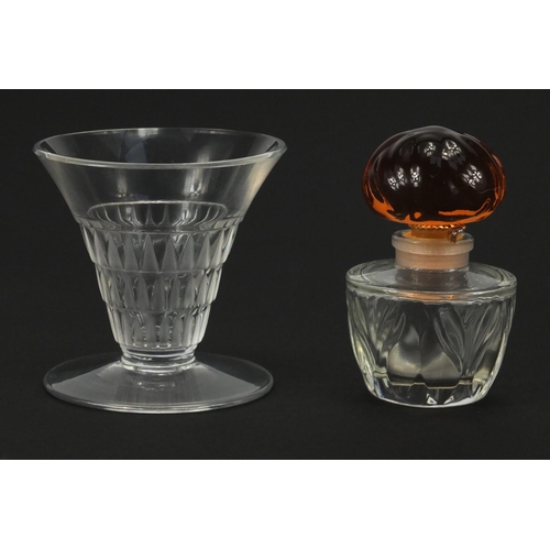 2376 - Faberge glass scent bottle with orange stopper and a frosted and clear glass cup, with etched marks ... 