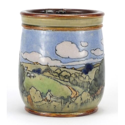 2189 - Royal Doulton stoneware tobacco jar, hand painted with a landscape and windmill, impressed marks and... 