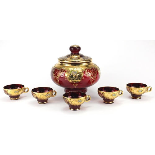2242 - Venetian ruby glass punch bowl and cover with five glasses, each gilded and hand painted with flower... 