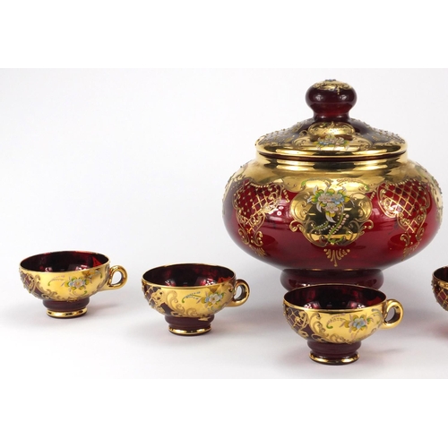 2242 - Venetian ruby glass punch bowl and cover with five glasses, each gilded and hand painted with flower... 