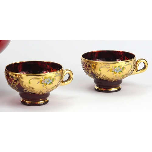 2242 - Venetian ruby glass punch bowl and cover with five glasses, each gilded and hand painted with flower... 
